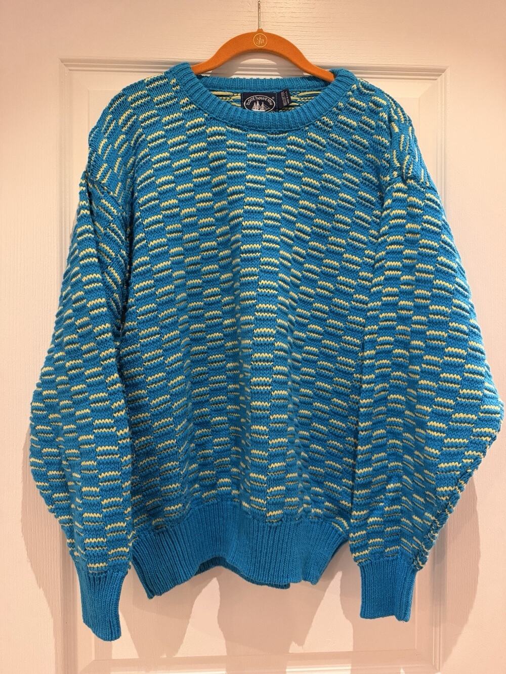 Vintage Boathouse Row Sweater Mens L Teal Yellow 100% Cotton USA 80s 90s Knit
